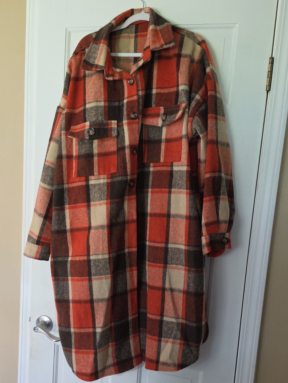 Amazon Plaid Trench Coat in Orange, Cream & Brown Tones